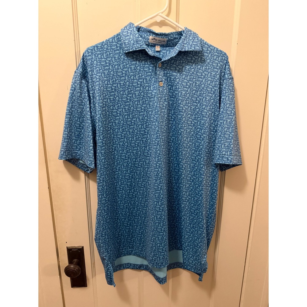 Peter Millar Summer Comfort Blue Cocktail Print Golf Polo Shirt Mens Large